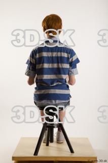 Sitting reference of whole body striped blue gray shirt blue…